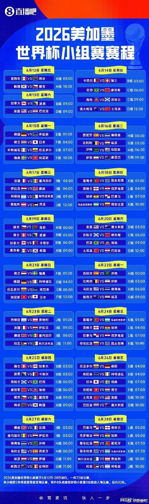 2026世界杯小组赛赛程今日完整安排实时查看